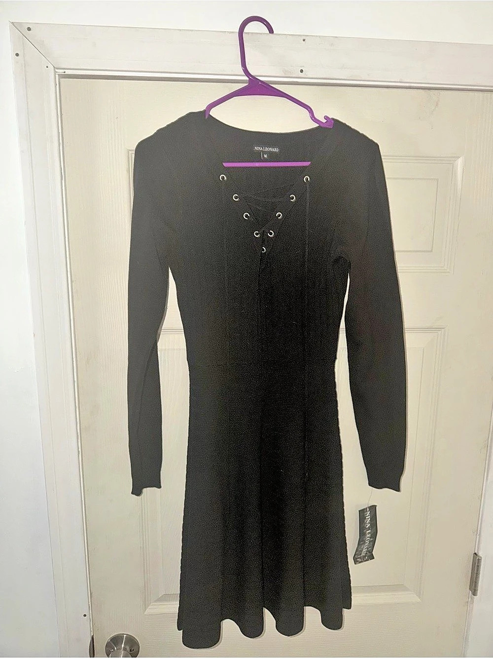 Nina Leonard Lace Up Ribbed Fit and Flare Knit Sweater Dress Black Rayon Midi